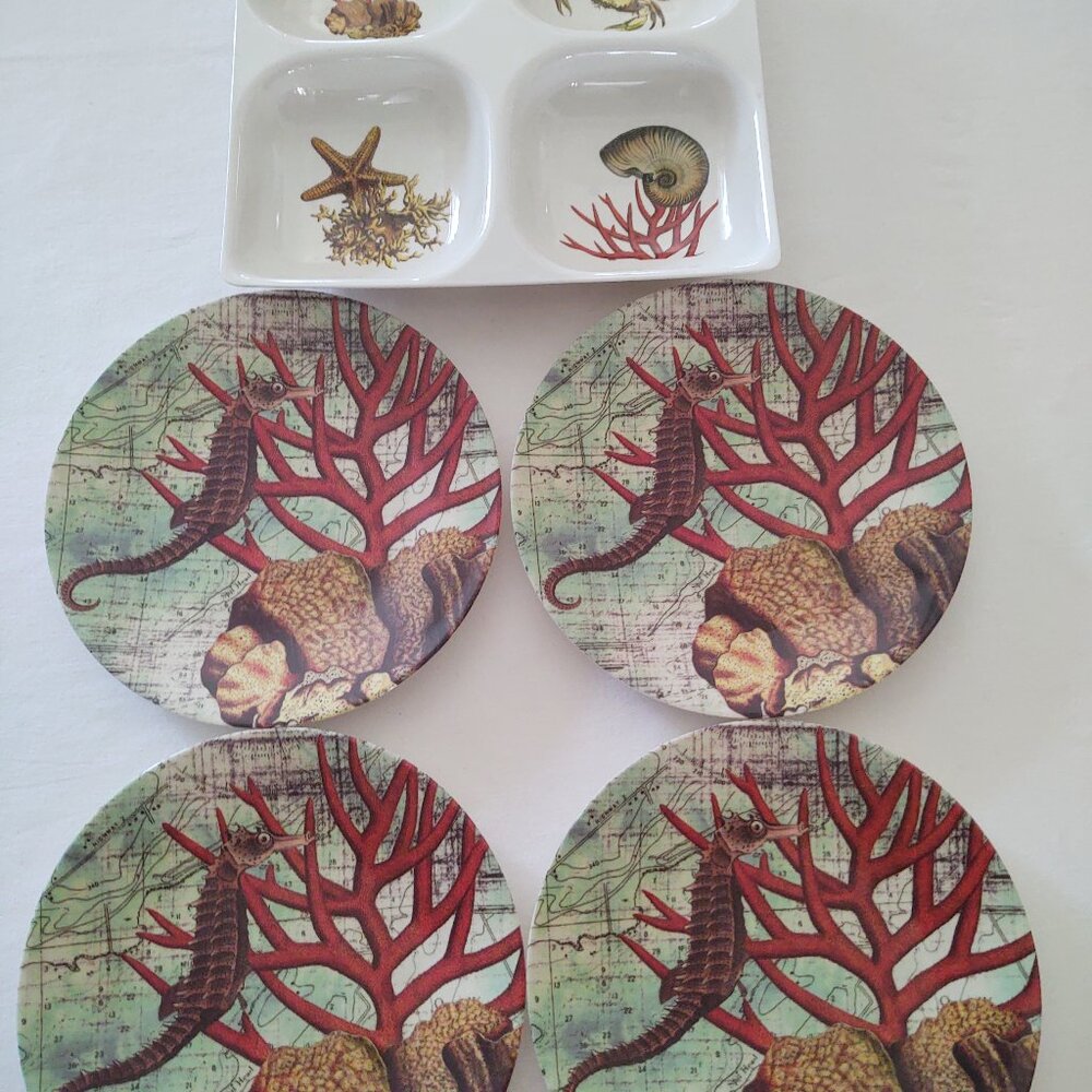 SEAHorse & Coral 5 PC Set: Plates + Serving-Tray